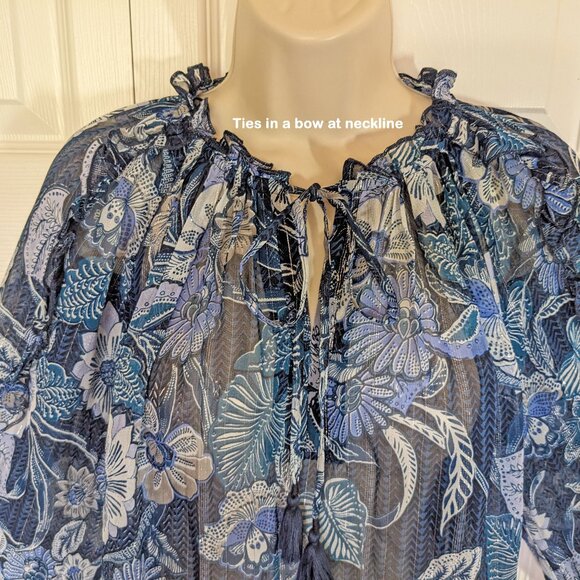 NWT Miss June Paris pullover 1 Size pullover top, Blue sheer floral, Made India - Picture 11 of 16